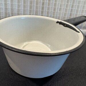 Vintage White Enamel Saucepan 6” Black Handle Farmhouse